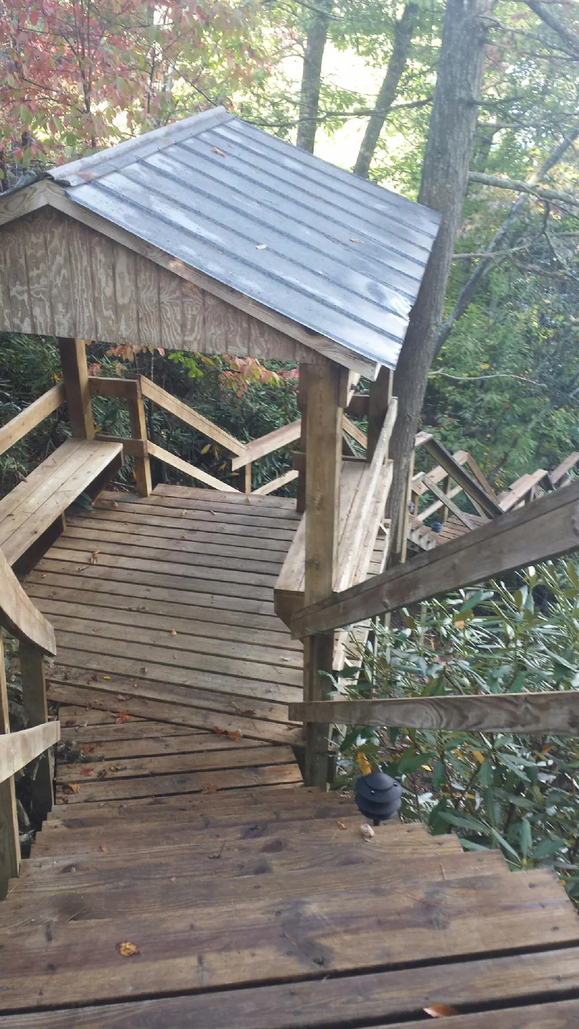 Metal roofed shelter over wooden steps on a wooded walkway — Skylight Repair & Installation work by our crew in Noti